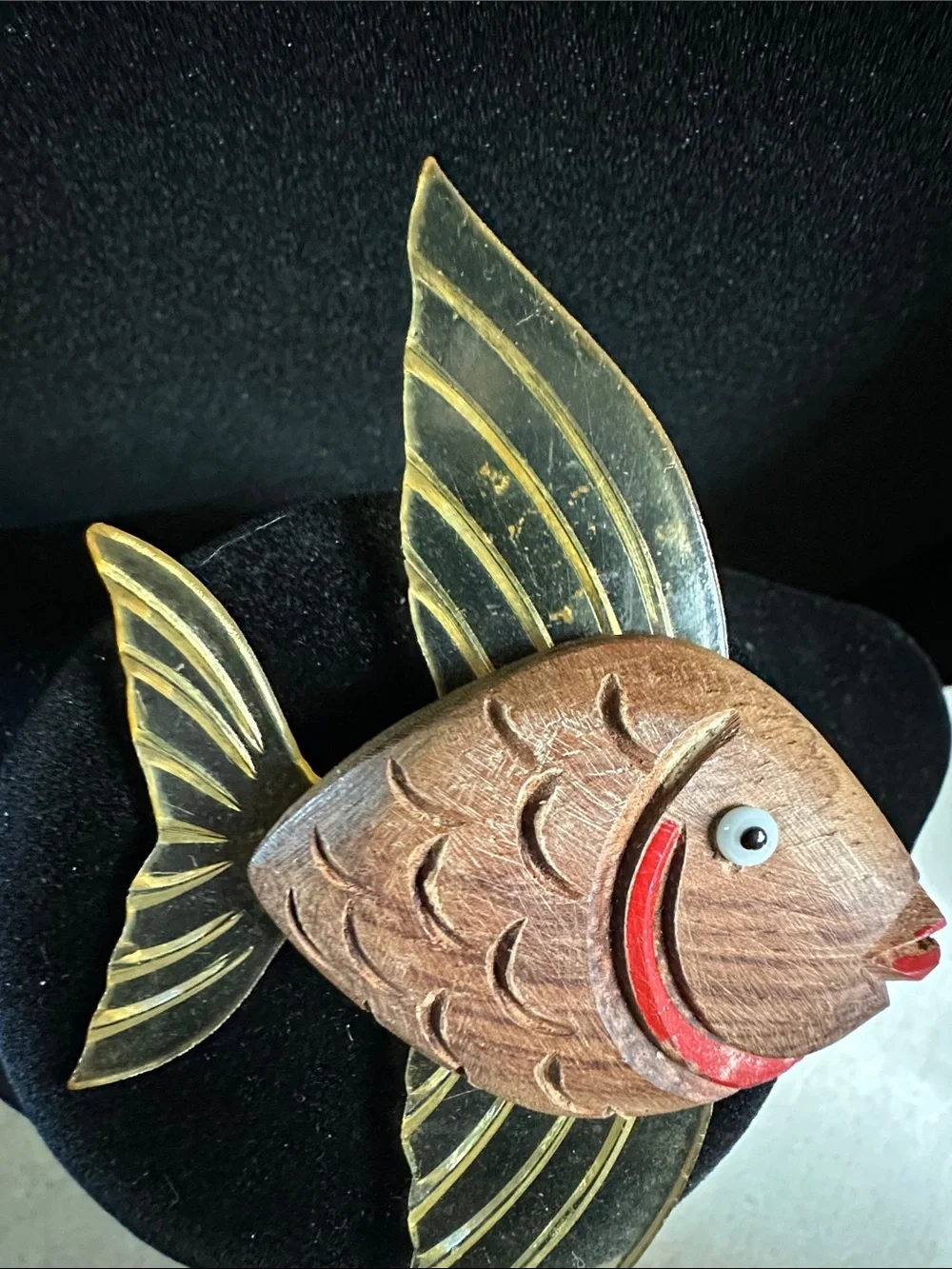 Vintage 1940s Carved Wood & Lucite Jelly Belly Flying Fish Brooch Pin WWII Era